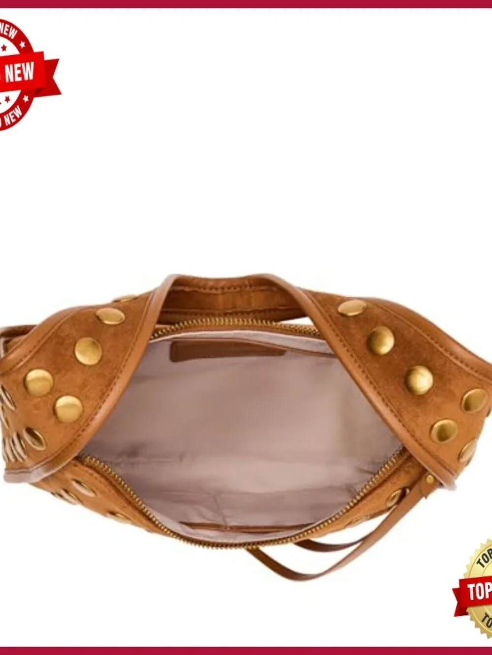 Studded Faux Leather Hobo Bag with Zipper Closure